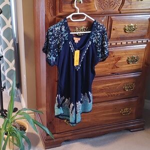 🍁NWT WOMEN'S BLUE BOHEMIAN EMBROIDERED TUNIC